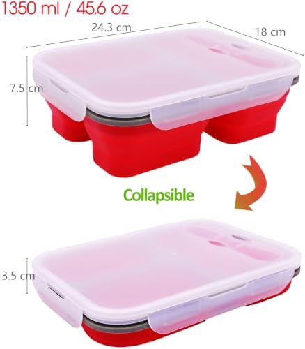 2 Pack Big Size Collapsible Silicone Bento Lunch Boxes With Lids Spoons Forks,3 Compartments, Divided Lunch Food Storage Containers, Safe in Microwave, Dishwasher and Freezer, 45.6oz, BPA Free