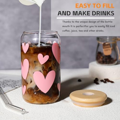 DWTS DANWEITESI Glass Cups with Lids and Straws with Design Pink Hearts 4 pcs,Clear Glass Cups 16 oz-Glass Tumbler,Cute Glass Iced Coffee Cups with Lids and Straws 480ml