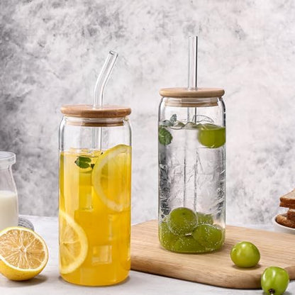 DWTS DANWEITESI Glass Cups “20oz”,Glass Cups with Lids and Straws 4 pcs-Coffee Cups,Drinking Glasses Set,Glass Tumbler with Straw and Lid Gift 2 Cleaning Brushes 600ml