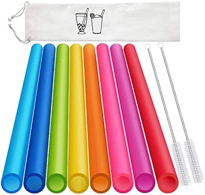 8 Pcs Extra Wide Reusable Smoothie & Boba Straws with 1 Bag & 2 Brushes - Multicolor Big Jumbo, BPA FREE Large Plastic Straws for Smoothies, Bubble Tea(Tapioca, Boba Pearls), Milkshakes
