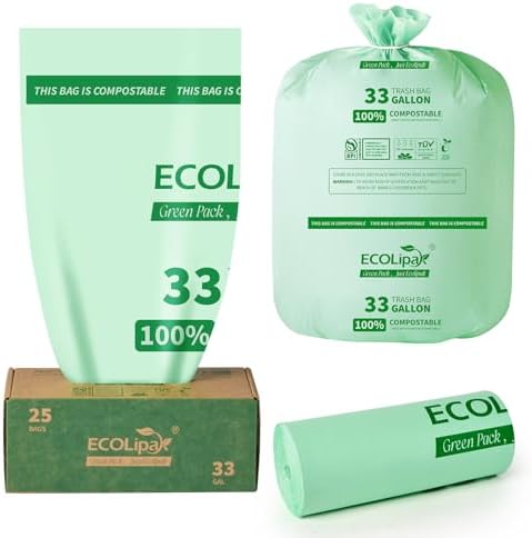 ECOLipak 33 Gallon 25 Count Large Compostable Trash Garbage Bags for Lawn