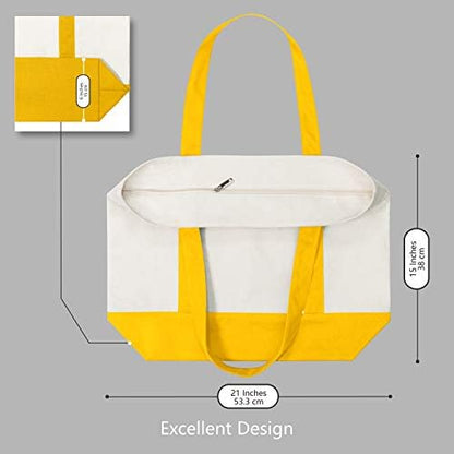 TOPDesign 3-Pack Canvas Tote Bags with an External Pocket, Reusable Grocery Shopping Bags, Top Zipper Closure, Daily Essentials (Yellow/Natural)
