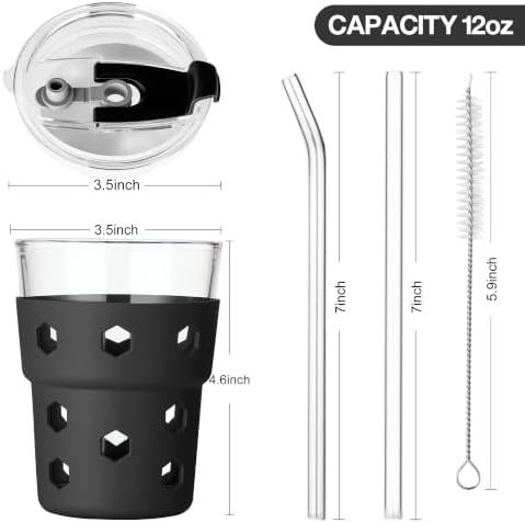Mrsdry 12oz Iced Coffee Cup with Lids and Straws, BPA Free Reusable Glass Coffee Cups with Silicone Sleeves for Coffee, Iced tea, Thick Wall Glass Cup