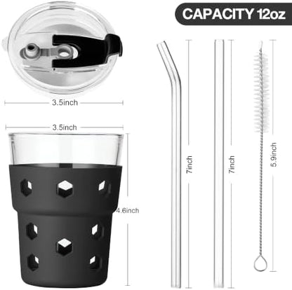 Mrsdry 12oz Iced Coffee Cup with Lids and Straws, BPA Free Reusable Glass Coffee Cups with Silicone Sleeves for Coffee, Iced tea, Thick Wall Glass Cup