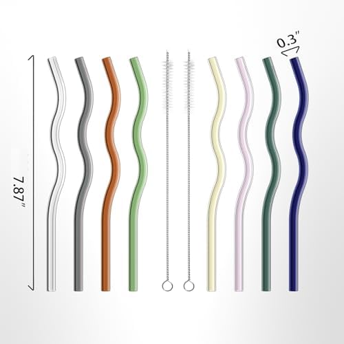 YUTRENN Reusable Glass Straws Sets of 8 Wavy Colorful Drinking Straw with 2 Cleaning Brushes, 8 inches 0.3" Thick Clear Straws High Borosilicate Glass Straw for Tumblers 10 Pack Gift Wrap