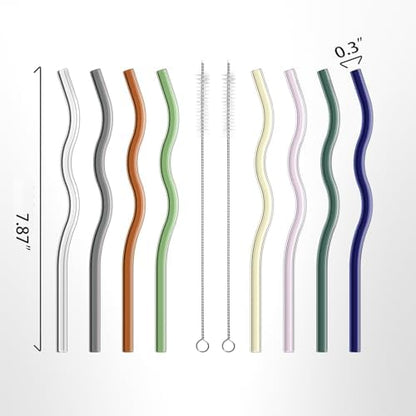 YUTRENN Reusable Glass Straws Sets of 8 Wavy Colorful Drinking Straw with 2 Cleaning Brushes, 8 inches 0.3" Thick Clear Straws High Borosilicate Glass Straw for Tumblers 10 Pack Gift Wrap