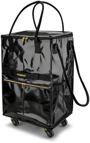 PASMAN Reusable Foldable Rolling Grocery Bag on 5 Wheels,Large,Black