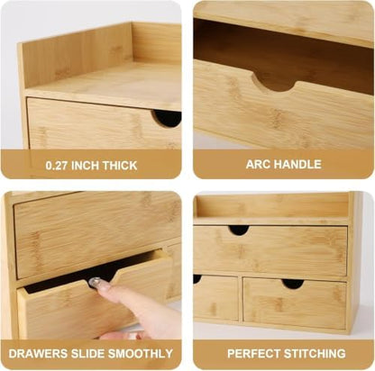 Charmewooden Bamboo Desk Organizer 3 Drawer with shelf, Countertop Organizer with Drawers Makeup Storage Drawer 3 Drawers Tabletop Storage Organization Box Home Office Workspace