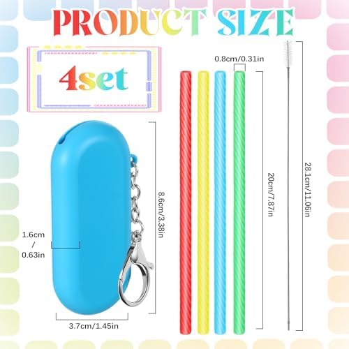 Meanplan 4 Sets Reusable Straws Travel Case Brush Silicone,Rainbow Colors