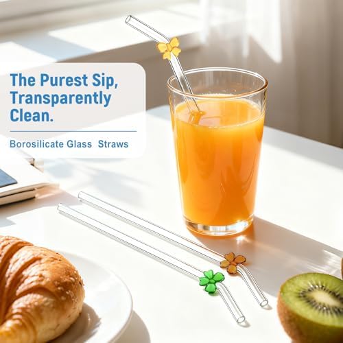 Cute Glass Straws with Bow Charms, 8-Pack 9-Inch Bent for 16-20 oz Tumblers