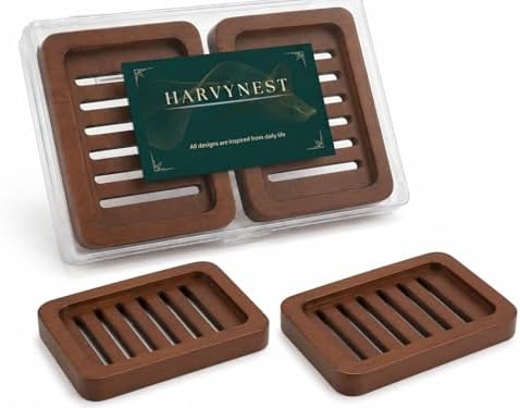 Wooden Soap Dish, Brown Bamboo Self-Draining Bathroom Tray, 2 Pack Slotted Design for Shower, Sink, Kitchen, Bathtub (Black Walnut)