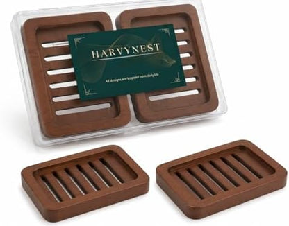 Wooden Soap Dish, Brown Bamboo Self-Draining Bathroom Tray, 2 Pack Slotted Design for Shower, Sink, Kitchen, Bathtub (Black Walnut)