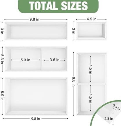 Bamboo Drawer Organizer,5 PCS White Bathroom Tray&Desk Organizers and Storage,Cabinet Divider With Removable Silverware Organization for Kitchen,Utensils,Junk,Office,Makeup