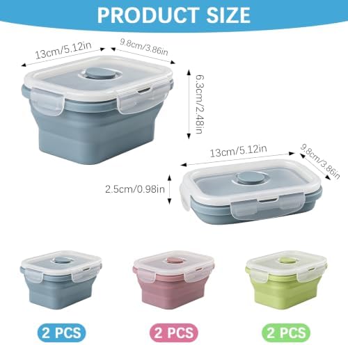 6 Pcs Silicone Food Containers 11.8 oz Collapsible Storage Containers with Airtight Lids Stacking Meal Prep Lunch Leftover Food fruits Storage Foldable Box for Freezer Microwave Dishwasher Safe