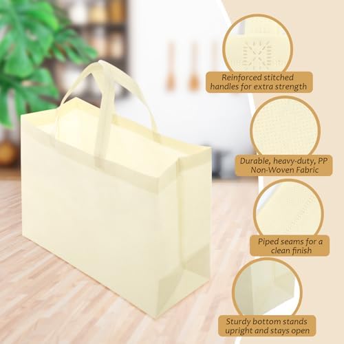 50 Pcs 50 Pcs Reusable Tote Bag with Handles Bulk 16.1'' X 6.3'' X 11.8'' Extra Large Non Woven Grocery Shopping Bags for Boutiques Retail Store(Beige)