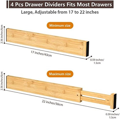 DUCOO 4 PCS Drawer Divider, 17"-22" Adjustable Bamboo Drawer Dividers Organizers, Expandable Separators for Kitchen, Clothes, Dressers, Home, Office
