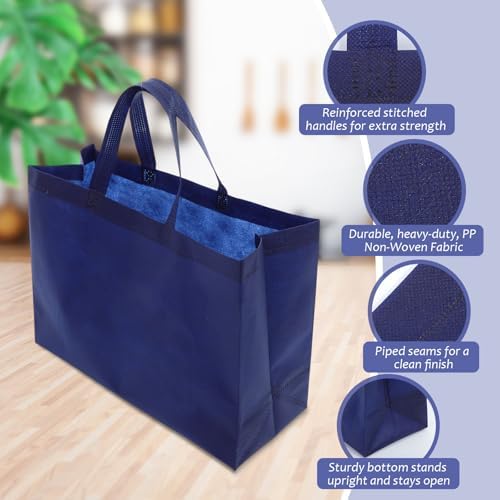 25 Pcs Reusable Tote Bag with Handles Bulk 16.1'' x 6.3'' x 11.8'' Extra Large Non Woven Grocery Shopping Bags for Shop Events Boutiques Retail Store(Navy)