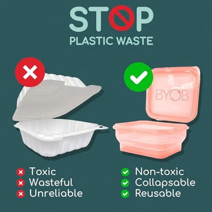 BYOB Collapsible Silicone Food Containers with Attached Lids – Reusable To-Go & Leftover Containers, Platinum Silicone, Leak-Resistant – 4 Pack (White)
