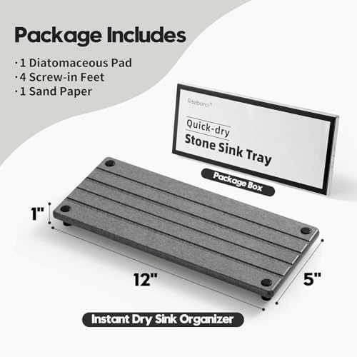 Razborci Instant Dry Sink Caddy Kitchen Sink Organizer, Quick Drying Stone Tray Diatomite Sponge Holder Soap Dish, Bathroom Countertop Fast Dry Water Absorbing Vanity Rack, Dark Gray,12" x 5"