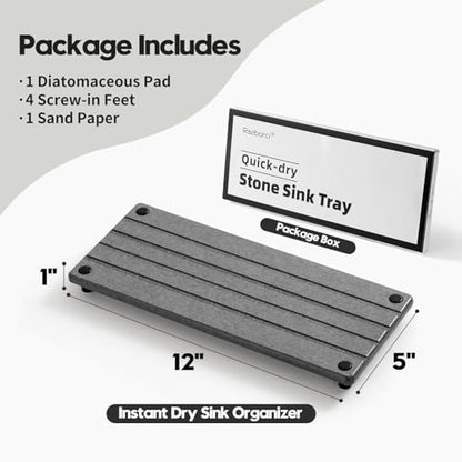 Razborci Instant Dry Sink Caddy Kitchen Sink Organizer, Quick Drying Stone Tray Diatomite Sponge Holder Soap Dish, Bathroom Countertop Fast Dry Water Absorbing Vanity Rack, Dark Gray,12" x 5"