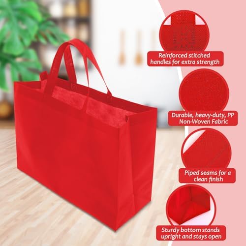 50 Pcs Reusable Tote Bag with Handles Bulk Extra Large Non Woven Grocery Shopping Bags for Boutiques Retail Store(Red)