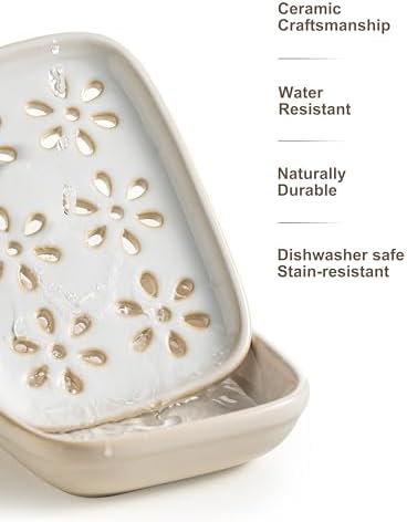Miamolo Soap Dish for Shower with Drainage, Double Layer Bar Soap Holder, Ceramic Soap Saver Sponge Holder for Bathroom, Tub and Kitchen Sink, Slotted Draining Soap Dishes Extend Soap Life, Beige