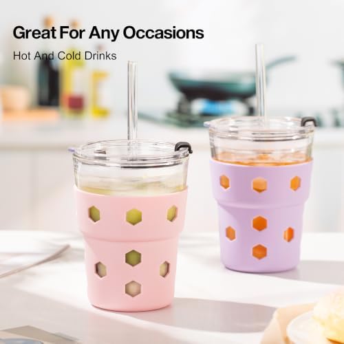 Mrsdry 12oz Iced Coffee Cup with Lids and Straws, BPA Free Reusable Glass Coffee Cups with Silicone Sleeves for Coffee, Iced tea, Thick Wall Glass Cup