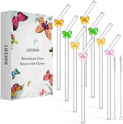 Cute Glass Straws with Bow Charms, 8-Pack 9-Inch Bent for 16-20 oz Tumblers