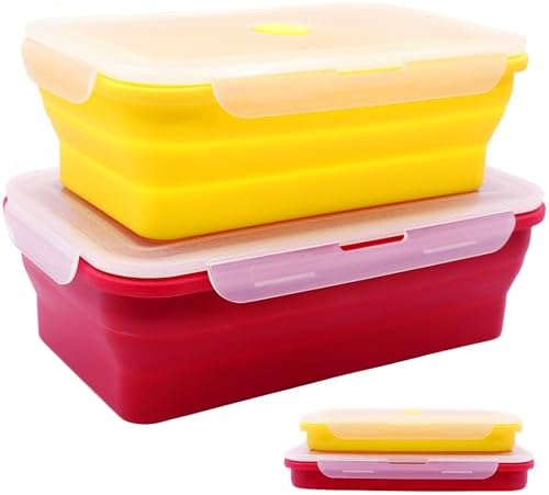 Set of 2 Extra Large Collapsible Silicone Food Storage Containers With Lids,82.8oz + 60.2oz Meal Prep Box, Bento Lunch Boxes, Rv Collapsible Bowls For Camping, Kitchen, BPA Free(Red and Yellow)