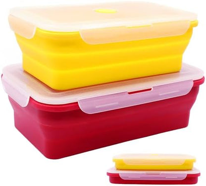 Set of 2 Extra Large Collapsible Silicone Food Storage Containers With Lids,82.8oz + 60.2oz Meal Prep Box, Bento Lunch Boxes, Rv Collapsible Bowls For Camping, Kitchen, BPA Free(Red and Yellow)
