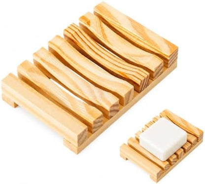 Bamboo Soap Dish for Bar Soap, Raised Wooden Holder with Drain Slots，Natural Pine Wood Soap Box