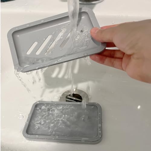 2PCS Grey Soap Holders, Premium Plastic Bamboo Dish for Shower, Bath