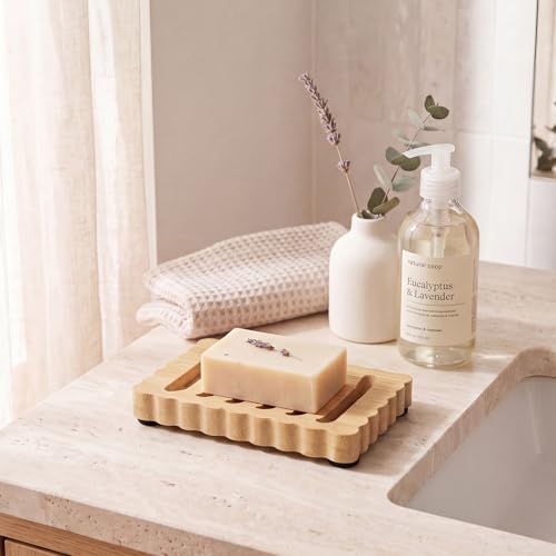 Jinei 2 Pcs Scalloped Wood Soap Dish Bulk 4.92 x 3.35 x 0.59 Inch Bamboo Bar Soap Holder with Self Draining Non-Slip Point Design Sponge Saver for Shower Bathroom Kitchen