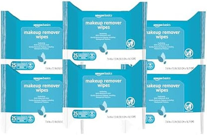 Amazon Basics Makeup Remover Wipes, Gentle Cleansing, Dermatologist Tested, Hydrating with Hyaluronic Acid, Plant-Based, Alcohol-Free, Removes Waterproof Mascara, No-Rinse Formula, 25 Count, 6-Pack