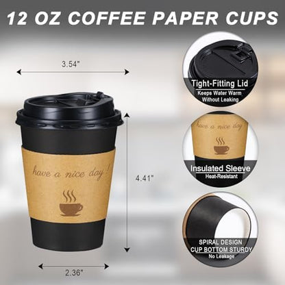 Lamosi 12 oz Coffee Cups 50 Pack, Disposable To Go Paper Cups with Lid