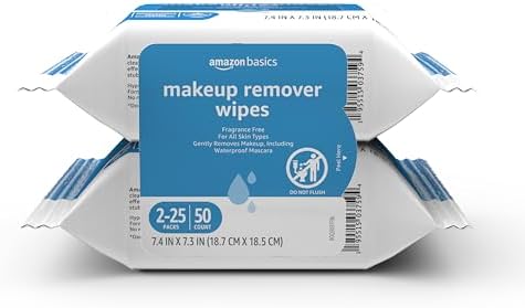 Amazon Basics Makeup Remover Wipes, Formulated without Fragrance and Alcohol-Free, Gentle Cleansing, Removes Waterproof Mascara, Dermatologist Tested, 25 Count, Pack of 2