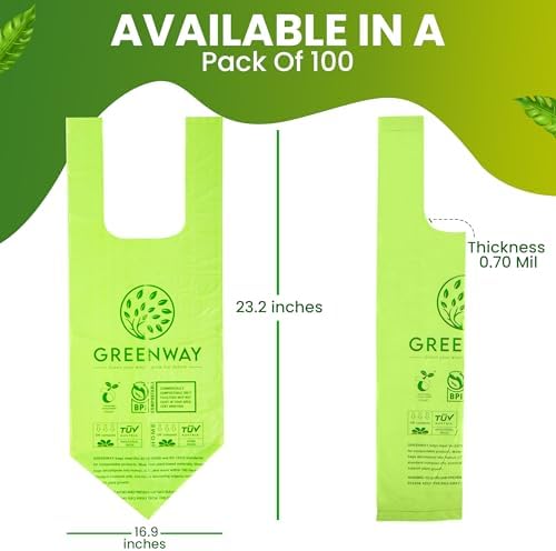 GREENWAY 3 Gallon Compostable trash Bags with Handles,100 Count, Extra Thick 0.70 Mil, BPI & OK Home Certified,Small kitchen Trash Bags for Countertop Compost Bins, Food Waste, Bathroom, Cat Litter