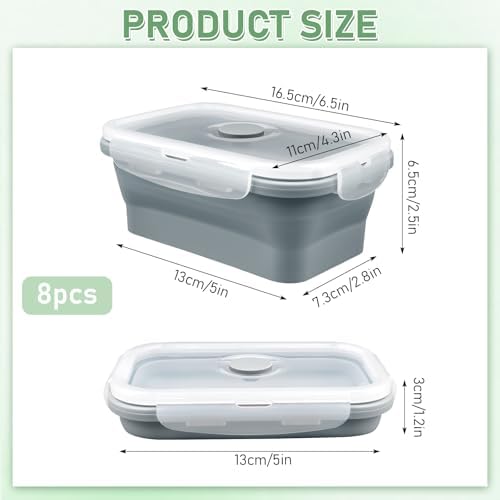 8 Pack 17 oz Collapsible Food Storage Containers, Silicone Lunch Boxes,Gray