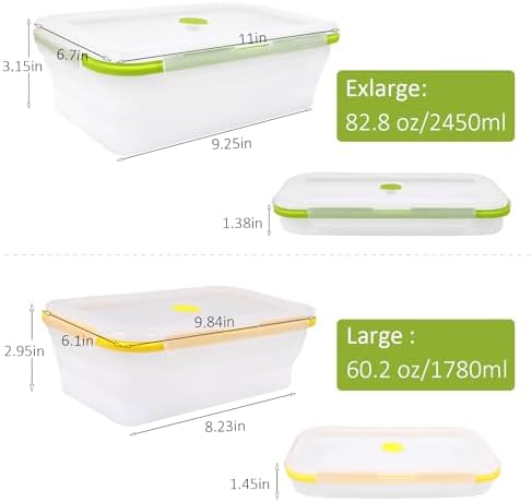 Set of 2 Extra Large Translucent Collapsible Silicone Food Storage Containers With Lids,82.8oz + 60.2oz Meal Prep Bento Lunch Boxes, Durable, Microwave,Dishwasher and Freezer Safe,BPA Free