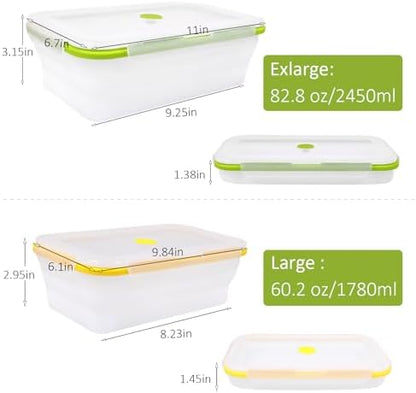 Set of 2 Extra Large Translucent Collapsible Silicone Food Storage Containers With Lids,82.8oz + 60.2oz Meal Prep Bento Lunch Boxes, Durable, Microwave,Dishwasher and Freezer Safe,BPA Free