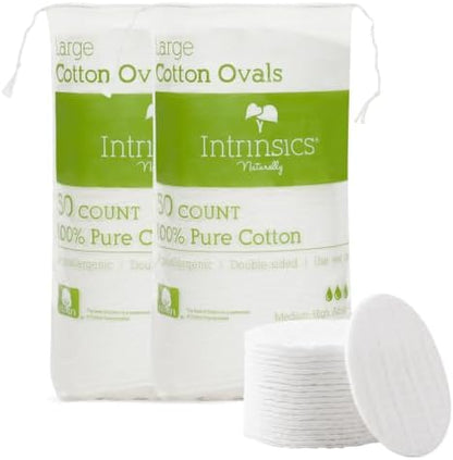 Intrinsics Premium 3” Large Cotton Rounds 2 Pack (100 Count) – Lint-Free Cotton Pads for Face & Makeup Removal | Dual-Sided Face Pads for Cleansing & Exfoliation | Hypoallergenic and 100% Pure Cotton