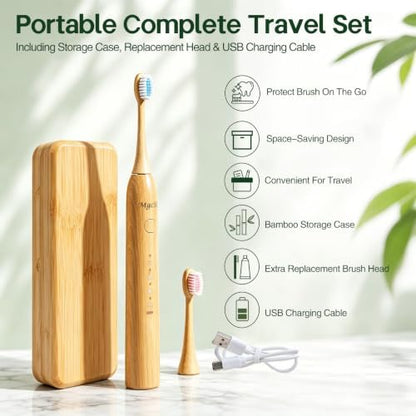 Sonic Electric Bamboo Toothbrush 2 Bamboo Heads with Castor Oil Bristles