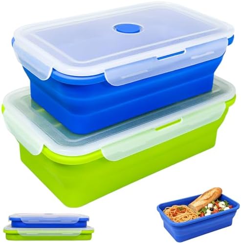 Extra Large Collapsible Silicone Food Storage Containers with Lids, Set of 2 Foldable Lunch Boxes 82.8oz + 60.2oz, for Kitchen, Travel, Camping, BPA Free