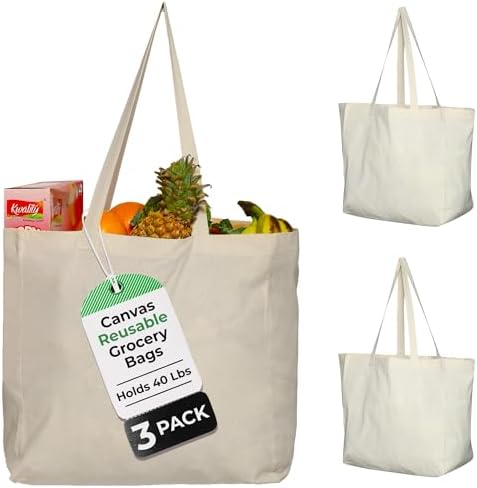 Greenmile 3 Pack Canvas Reusable Grocery Bags - Cotton Canvas Grocery Bag Cloth Shopping Tote With Long Handles Bulk - Heavy Duty Grocery Tote Bag - Large, Foldable and Lightweight - Capacity 40 lbs