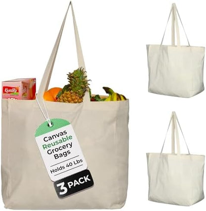 Greenmile 3 Pack Canvas Reusable Grocery Bags - Cotton Canvas Grocery Bag Cloth Shopping Tote With Long Handles Bulk - Heavy Duty Grocery Tote Bag - Large, Foldable and Lightweight - Capacity 40 lbs