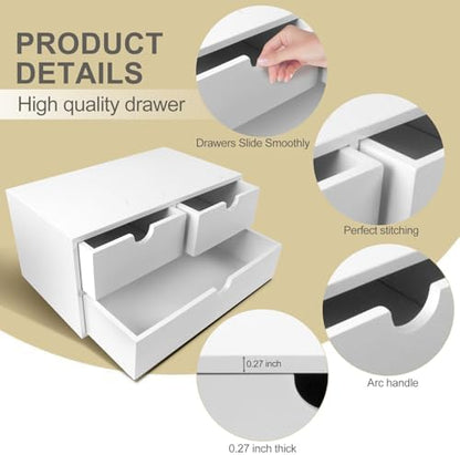 Charmewooden Bamboo Desk Organizer with 3 Drawers, Countertop Organizer with Drawers Makeup Storage Drawer 3 Drawer Tabletop Storage Organization Box Home Office Workspace（White）