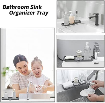 MicoYang Silicone Soap Dish with Drain Spout — Self-Draining Double Sink Organizer Tray for Kitchen & Bathroom, Dispensers, Sponges & Soap Holder, Non-Slip & Dishwasher Safe, Grey (Large, 12"×4")