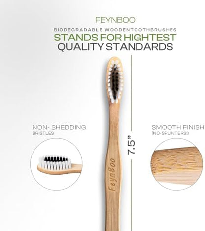 Bamboo Toothbrushes Soft Bristles 6 Pack - BPA Free Bristles Toothbrushes Teens and Adults - Eco-Friendly, Natural Wooden Toothbrush (Light Brown, Black, White).