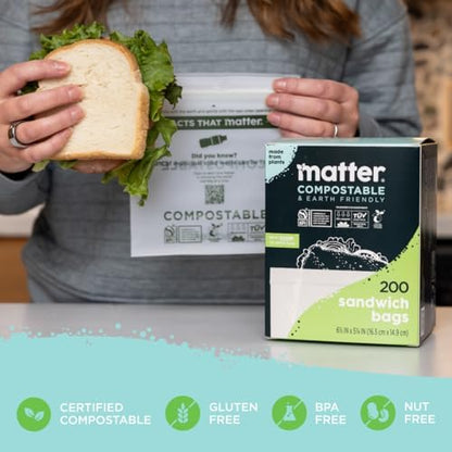 Matter Compostable Sandwich Bags, Resealable, 200 Count, Made From Plants