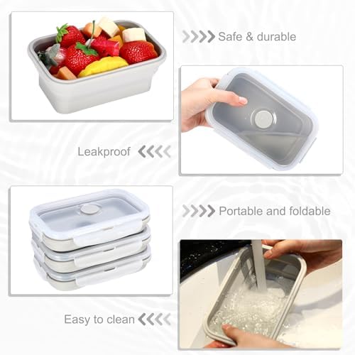Hushee 24 Pcs Silicone Collapsible Food Storage Containers 17 oz Collapsible Snack Containers with Lid Vent Airtight Meal Prep Bento Lunch Box, Microwave Dishwasher Safe(Gray)